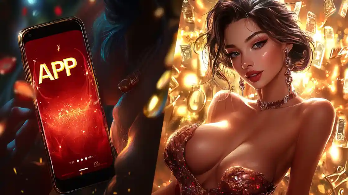 77FB Casino App Download - Premium Mobile Gaming Platform Glamorous woman in red dress holding smartphone displaying 77FB casino app download screen against luxurious golden background