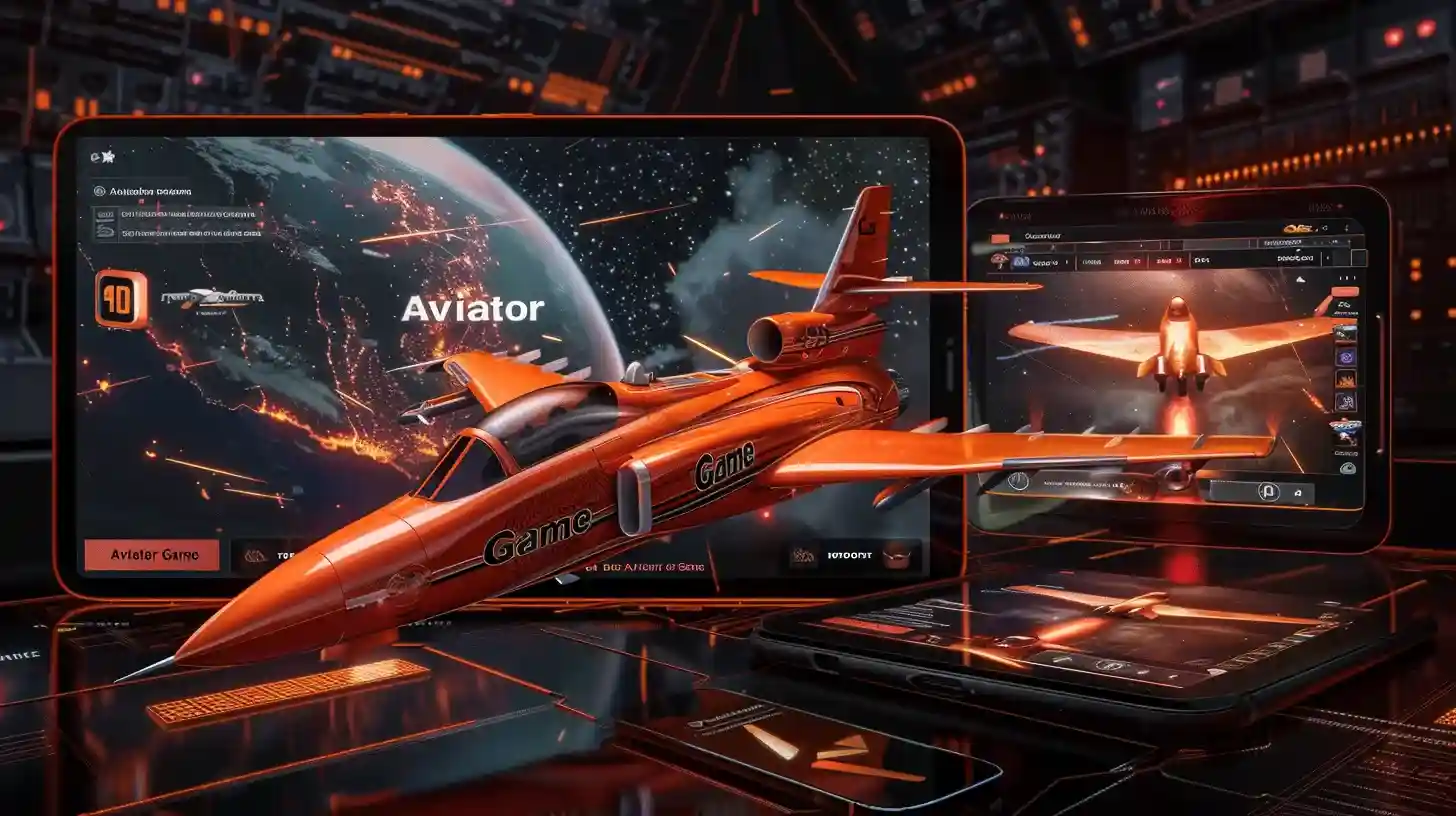 77FB Multi-Device Aviator - Space-Themed Flight Gaming Across All Platforms Orange fighter jet emerging from futuristic devices displaying 77FB Aviator game with space planet background and multi-platform gaming setup
