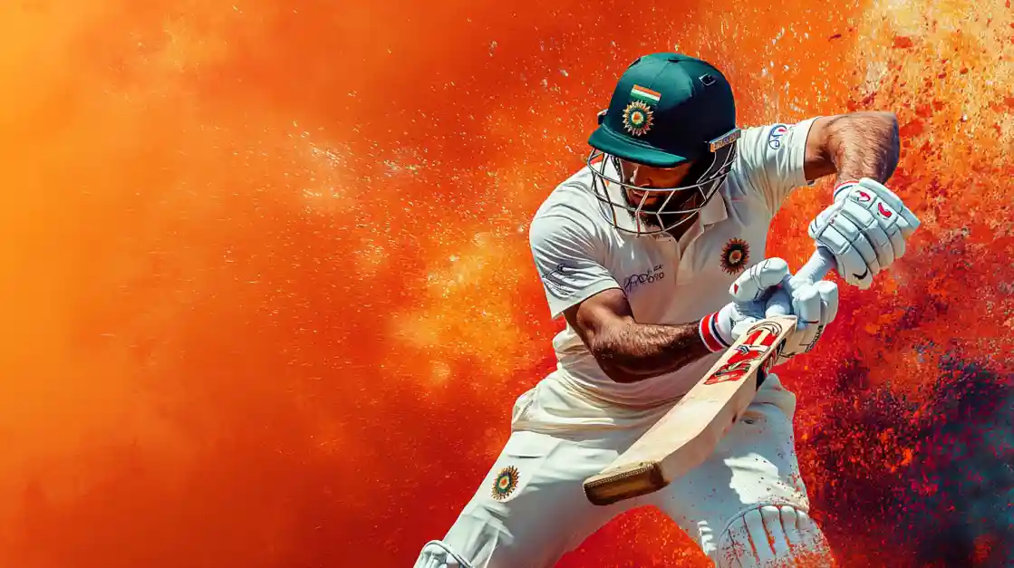 77FB Cricket Betting - Professional Sports Action and Dynamic Gaming Professional cricket player in batting stance with protective gear against vibrant orange and red dynamic background for 77FB sports betting