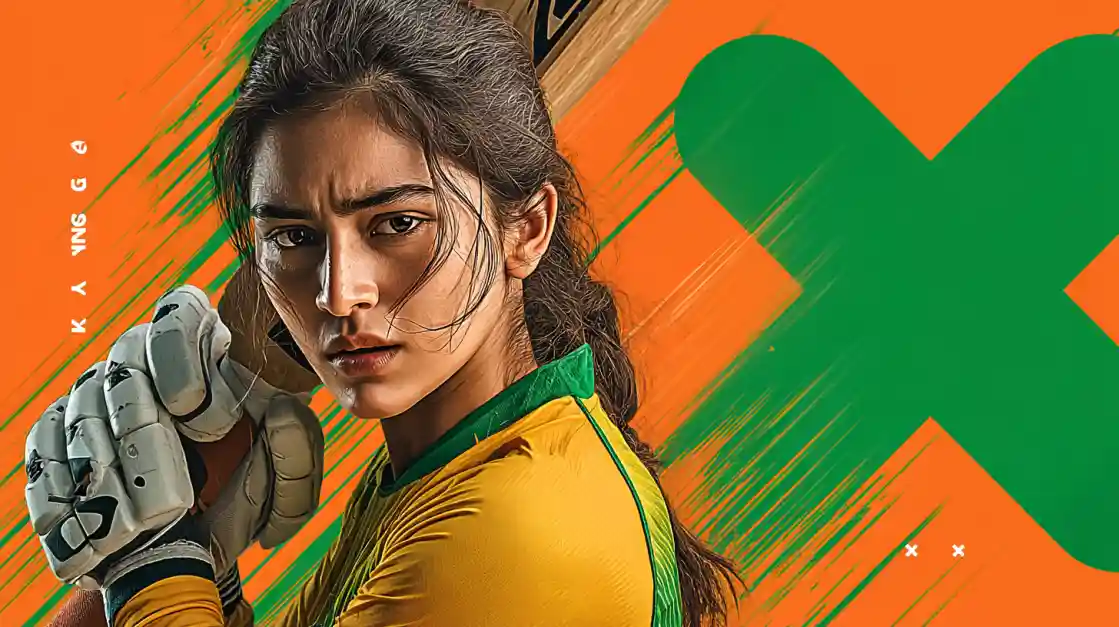 77FB Women's Cricket - Female Sports Betting with Professional Athletes Female cricket goalkeeper with protective gloves in yellow and green team colors against modern geometric background for 77FB sports platform