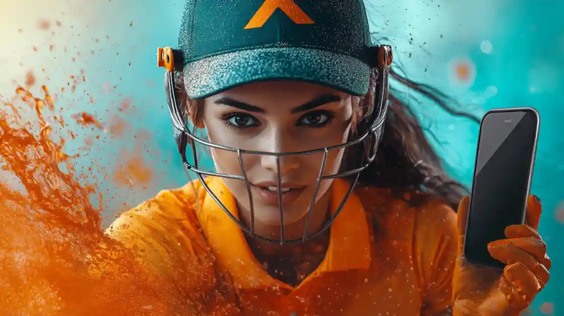 77FB Sports Betting - Cricket and Mobile Gaming with Athletic Style Athletic woman in cricket helmet holding smartphone for 77FB sports betting platform with dynamic orange and teal action background