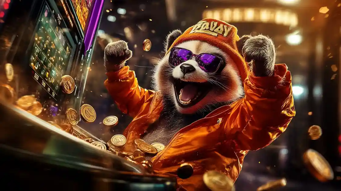 77FB Jackpot Wins - Celebrating Casino Success with Lucky Raccoon Mascot Excited raccoon mascot character celebrating big casino win with arms raised surrounded by golden coins and 77FB slot machines