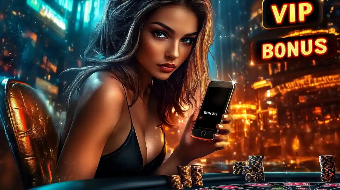 77FB VIP Casino - Exclusive Bonus Offers and Luxury Gaming Experience Elegant woman with long hair in luxury casino setting holding smartphone with VIP bonus offers for 77FB premium gaming