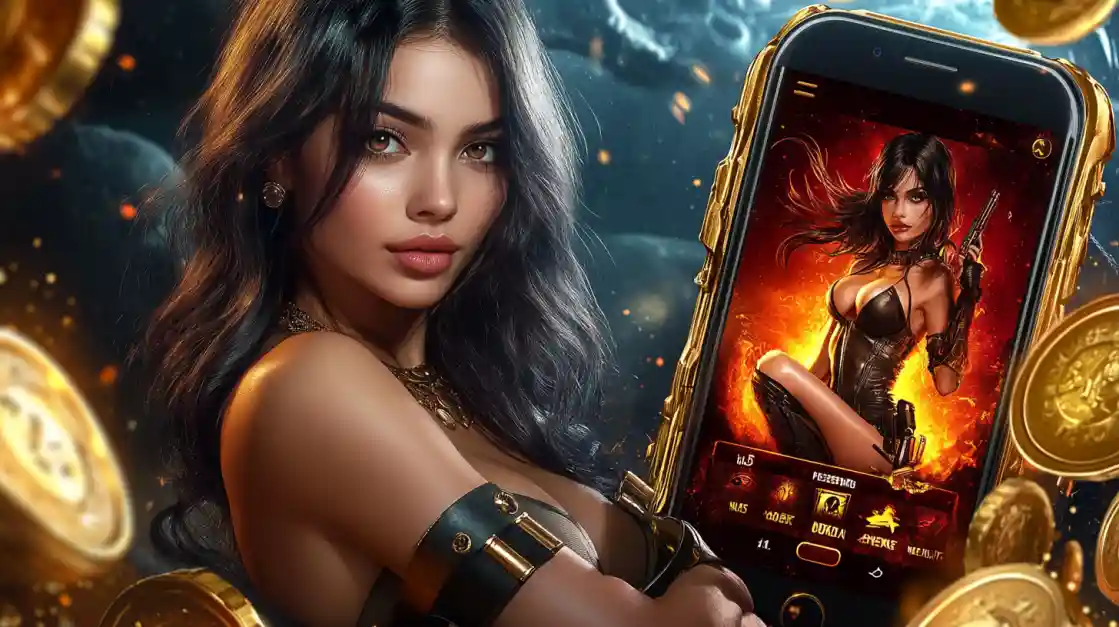 77FB Mobile Gaming - Action Adventure Games with Warrior Characters Beautiful warrior woman with dark hair showcasing 77FB mobile action game featuring female character with weapons on golden smartphone