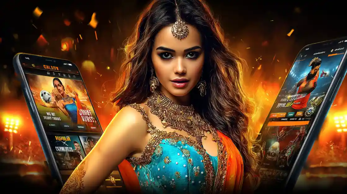77FB Mobile Casino - Premium Gaming Experience with Traditional Elegance Beautiful woman in traditional Indian jewelry showcasing 77FB casino mobile gaming platform with slot games and live casino options on smartphone
