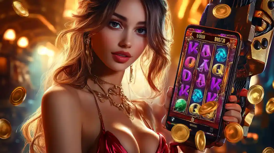 77FB Slot Games - Mobile Casino App with Golden Rewards Attractive blonde woman holding smartphone with 77FB slot machine game displaying colorful gems and symbols surrounded by golden coins