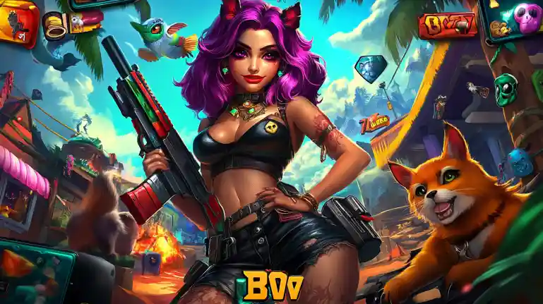 77FB Battle Games - Action-Packed Gaming Adventure with Warrior Characters Purple-haired female warrior character with weapons in tropical battle royale setting showcasing 77FB action gaming experience