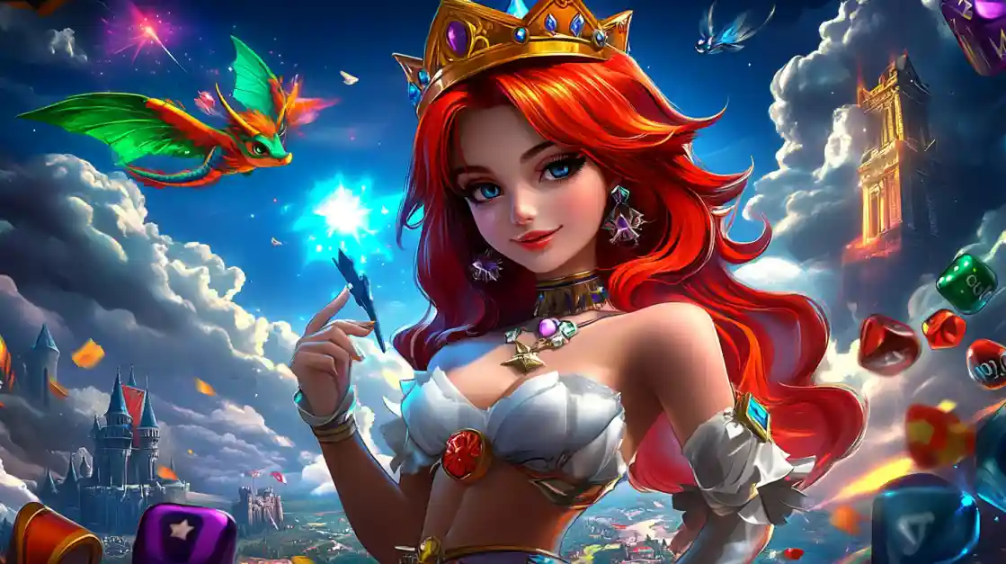 77FB Fantasy Casino - Magical Princess Slot Games and Kingdom Adventures Fantasy princess with red hair and golden crown in magical kingdom setting surrounded by floating casino dice and gems for 77FB gaming platform