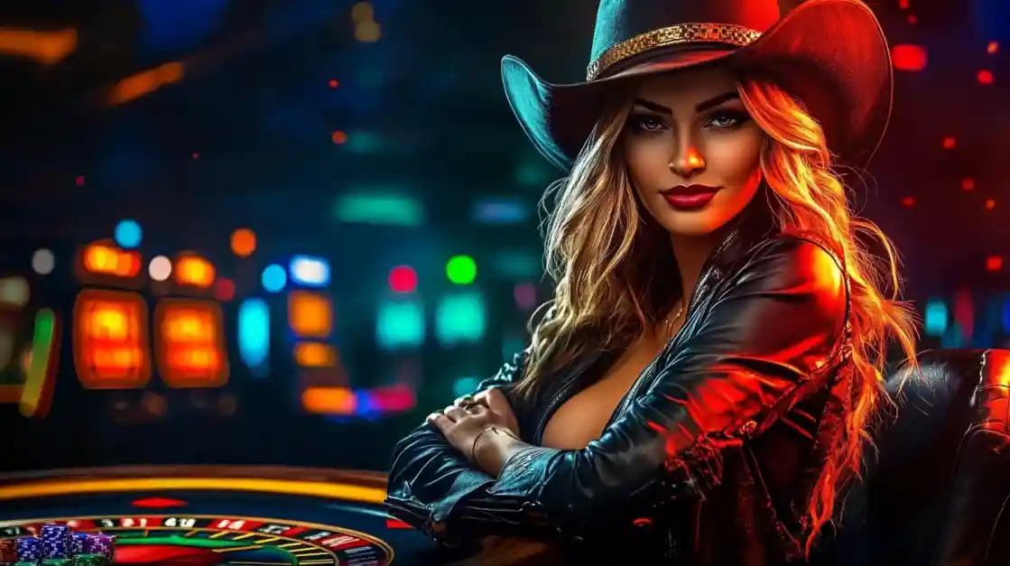 77FB Western Casino - Cowgirl Style Gaming with Roulette and Western Theme Stylish blonde woman in red cowboy hat and leather jacket at 77FB casino with colorful roulette table and western-themed gaming atmosphere