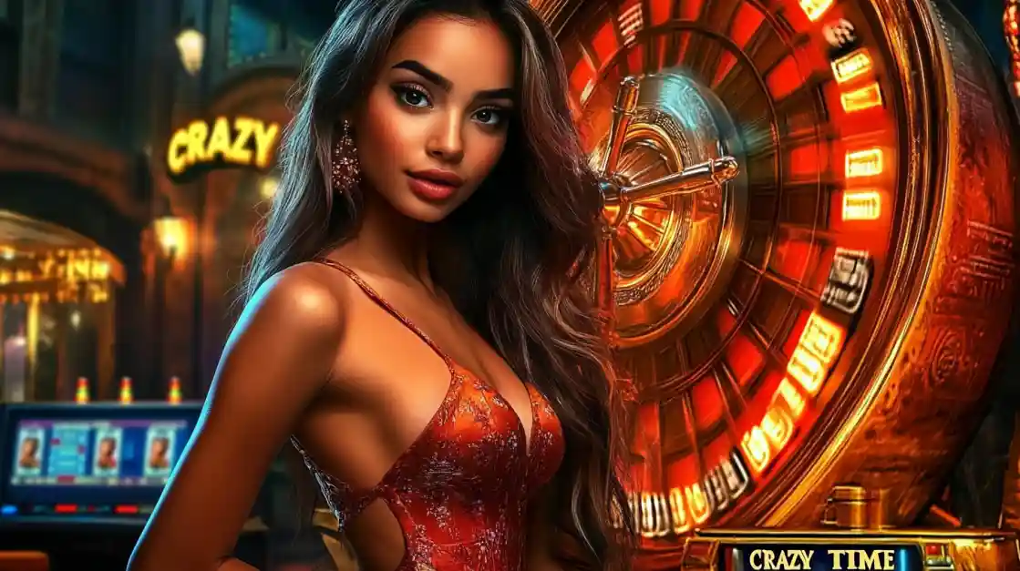 77FB Crazy Time Casino - Live Dealer Roulette with Elegant Gaming Experience Elegant woman with long dark hair in glamorous red dress positioned in front of 77FB Crazy Time casino roulette wheel in luxury setting