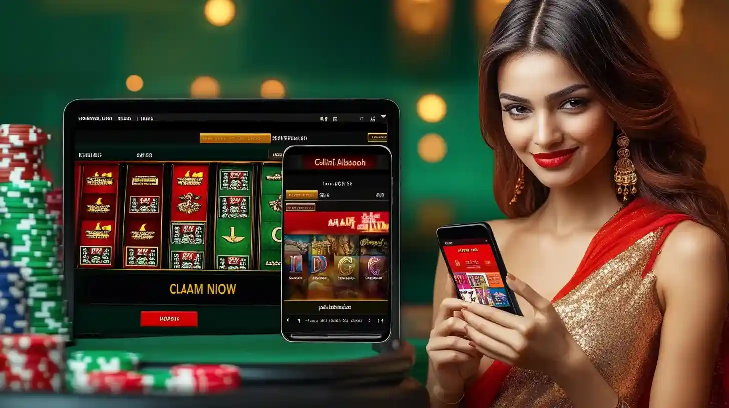 Woman in elegant red and gold saree showcasing 77FB casino platform on laptop and mobile device with poker chips in casino environment