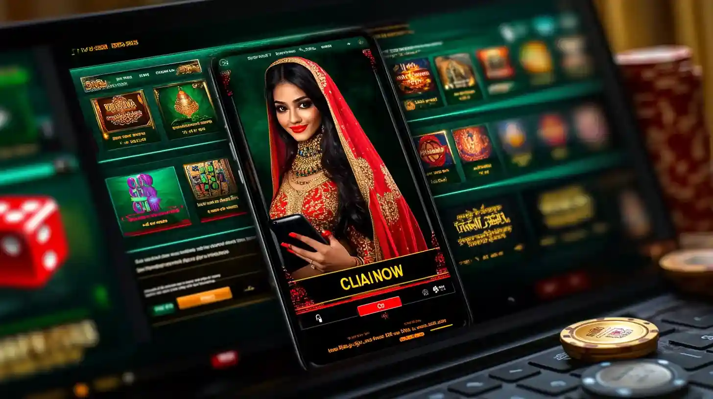 Woman in traditional red dress with gold jewelry using 77FB mobile casino app featuring claim bonus interface and game selection menu