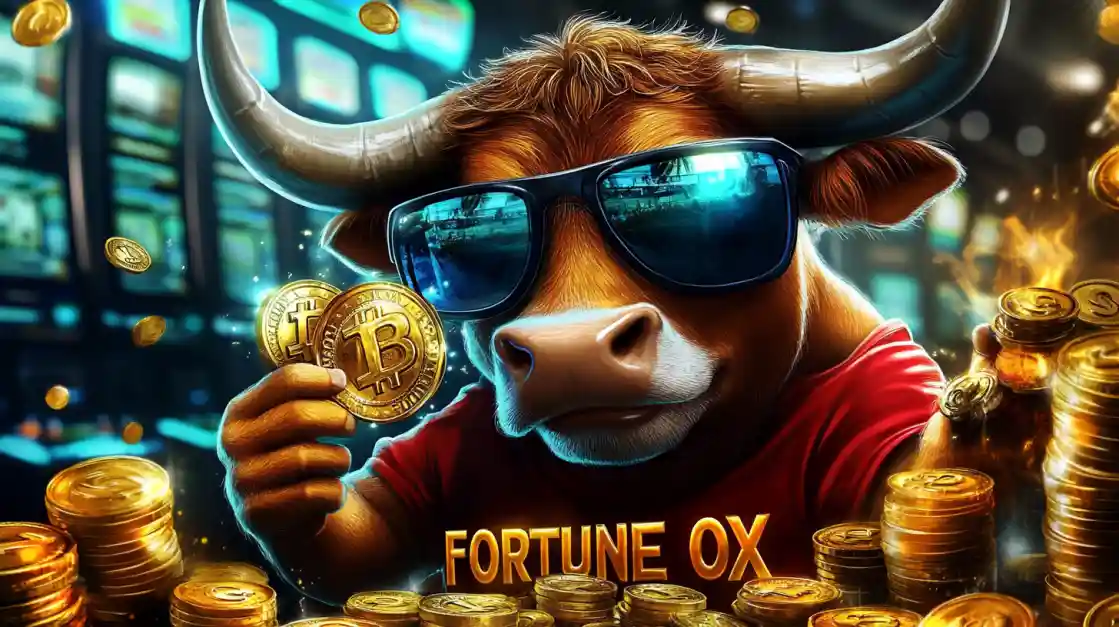 77FB Fortune OX - Cryptocurrency Bull Market Gaming with Bitcoin Rewards Cool bull character wearing sunglasses holding Bitcoin cryptocurrency coin for 77FB Fortune OX trading and casino games