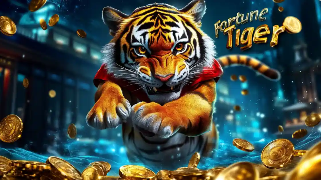 77FB Fortune Tiger - Powerful Tiger Slot Game with Golden Rewards Majestic tiger with intense orange eyes surrounded by falling golden coins for 77FB Fortune Tiger slot game experience