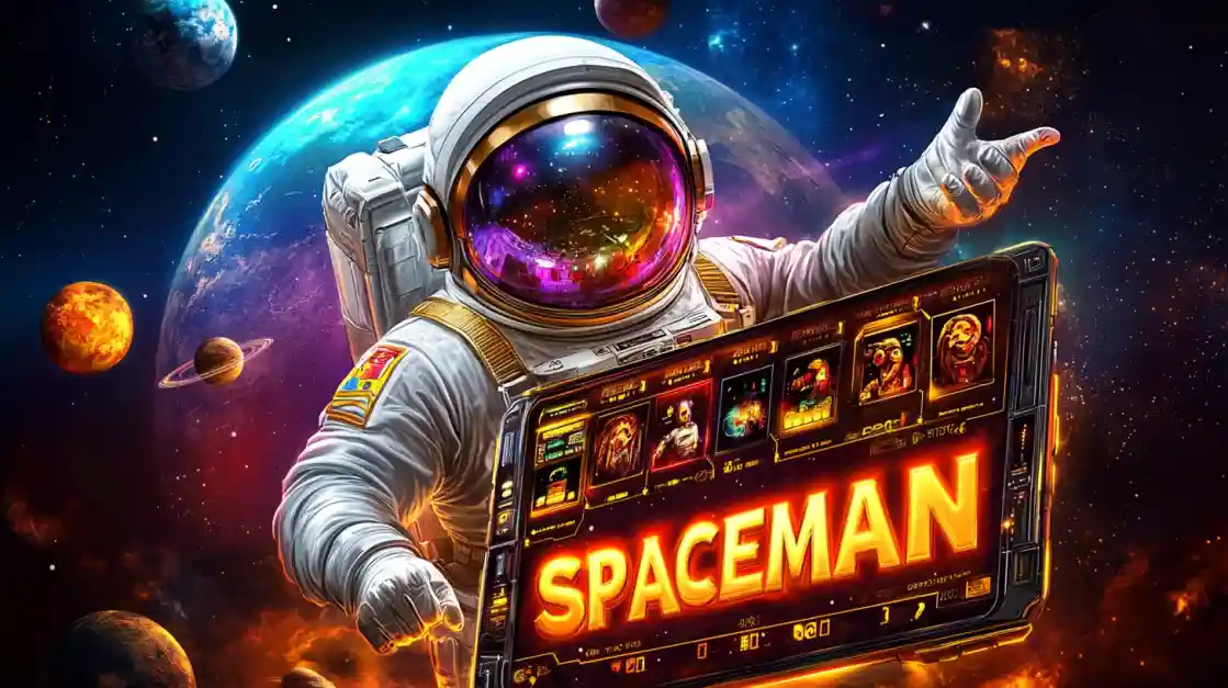 77FB Spaceman - Cosmic Slot Adventure with Space Gaming Astronaut in space suit floating among planets while holding futuristic casino gaming tablet displaying 77FB Spaceman slot games