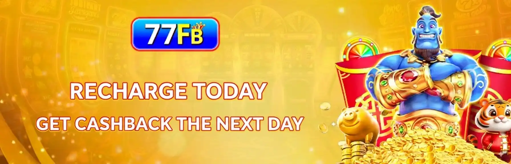 Friendly blue genie character with golden vest promoting 77FB recharge today get cashback next day offer on golden sparkle background